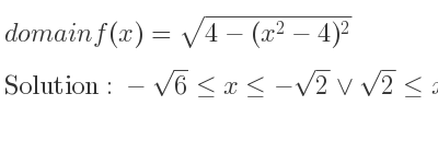 The domain of f(x)=sqrt(4-(x^2-4)^2) is -sqrt(6)<= x<=-sqrt(2)\lor sqrt(2)<= x<= sqrt(6)